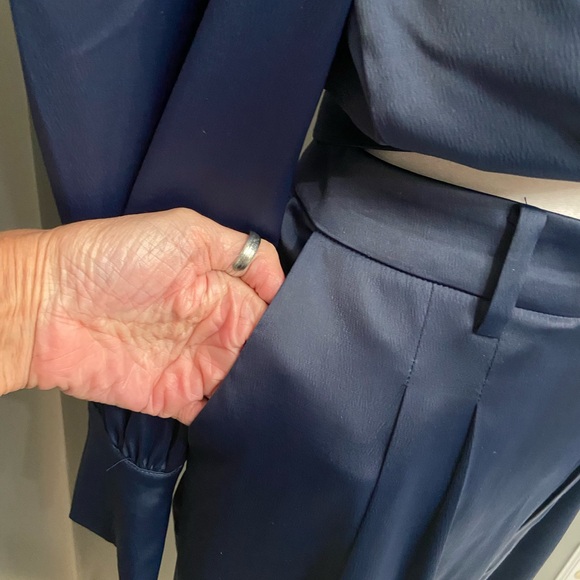 WAYF 2 Pc Blue Satin Crop Tie Top Wide Leg Pants W/pockets Parties Celebrating M - Picture 10 of 17